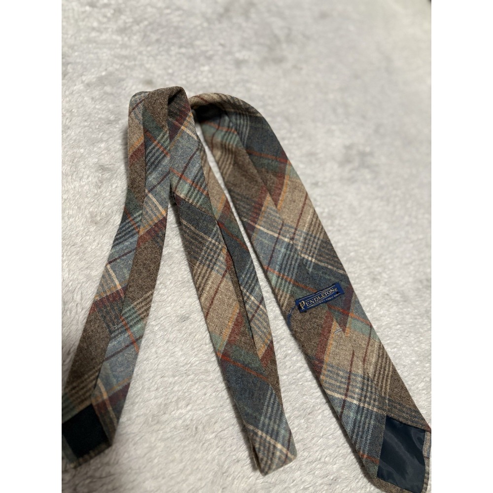 Vtg Pendleton Wool Tie 3" Plaid Tartan Earth Tone Brown Blue 100% Virgin Wool